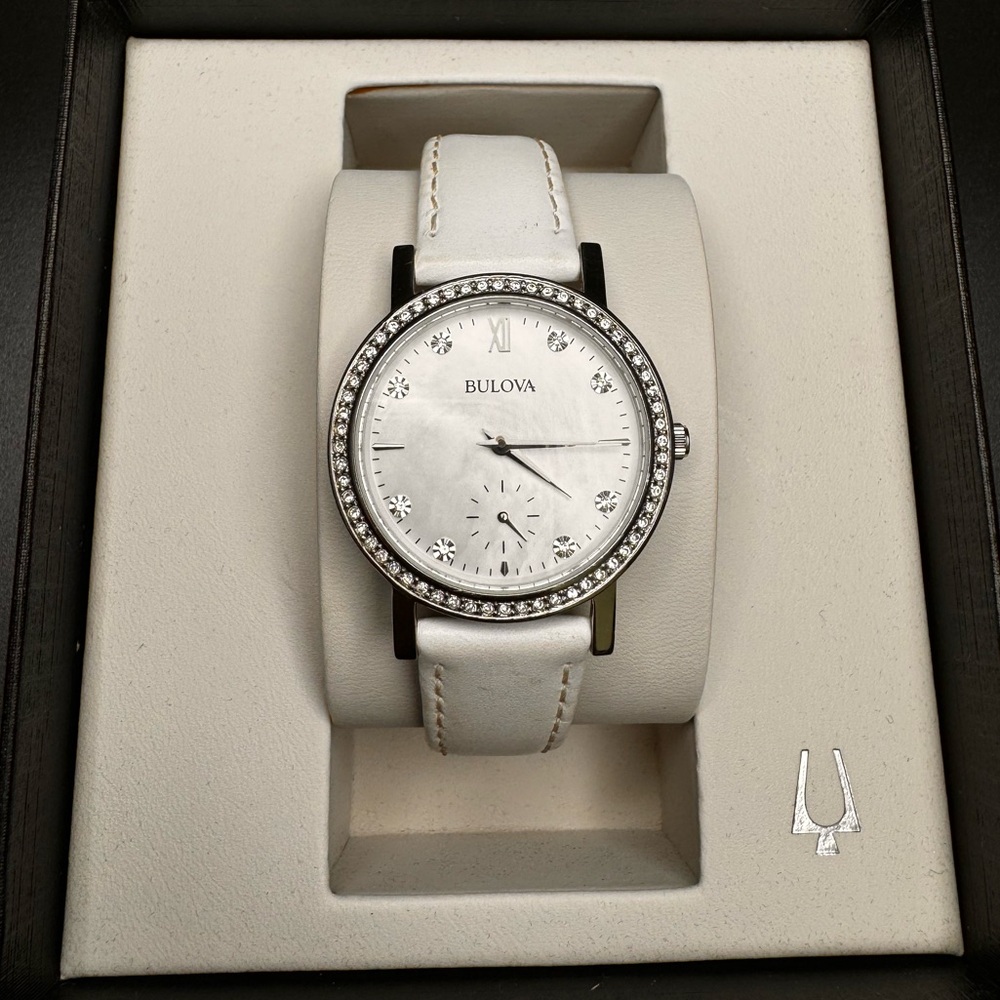 White Bulova Leather Watch with Diamond Trim